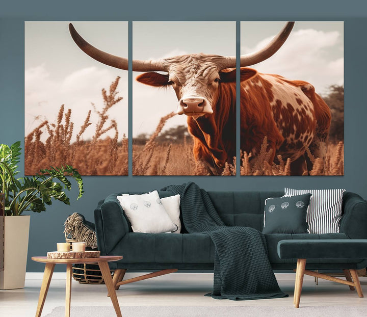 Cow Bighorn Wall Art Canvas Print, Longhorn Texas Large Cow Animal Canvas Print