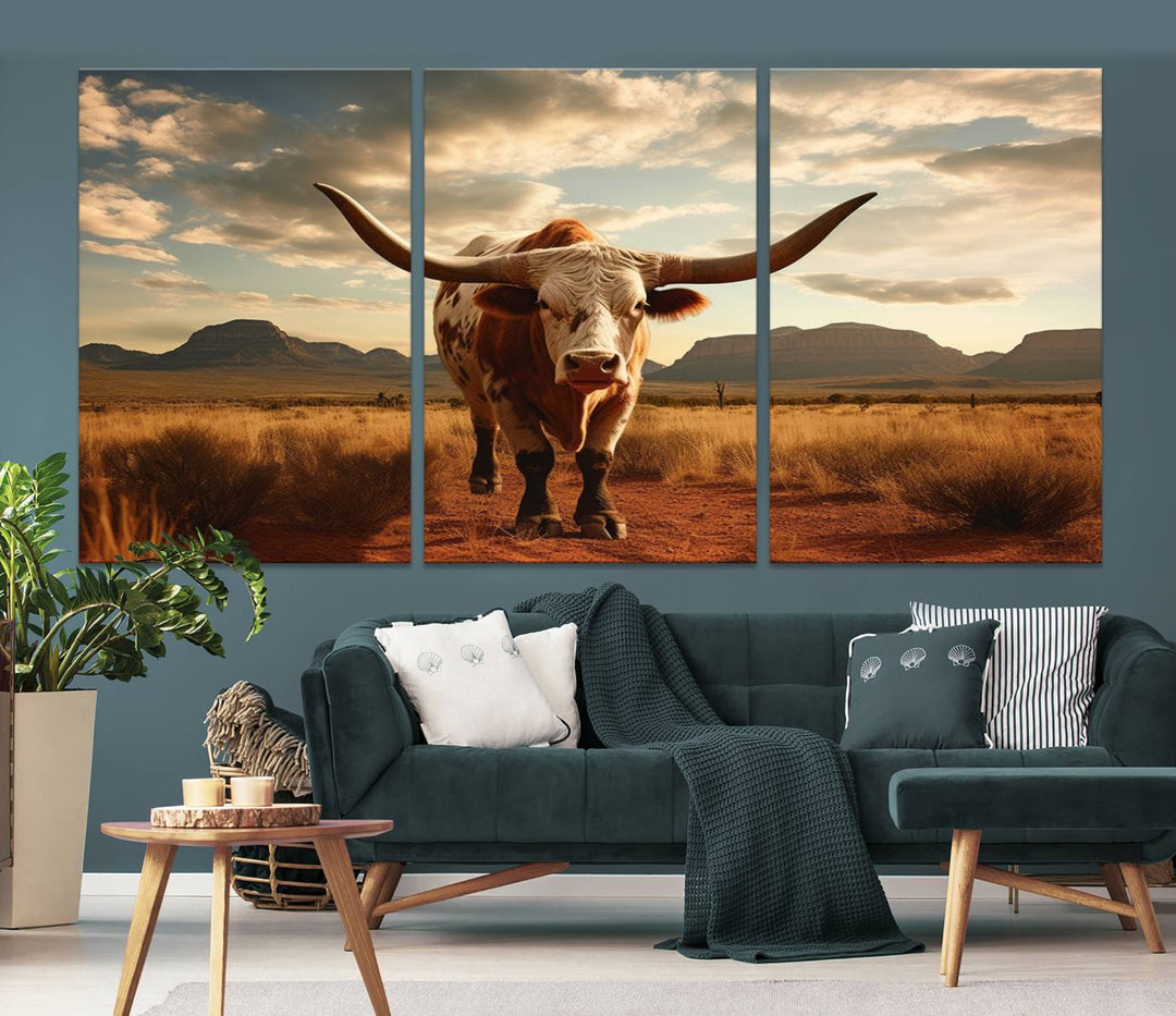 Cow Bighorn Wall Art Canvas Print, Longhorn Texas Large Cow Animal Canvas Print