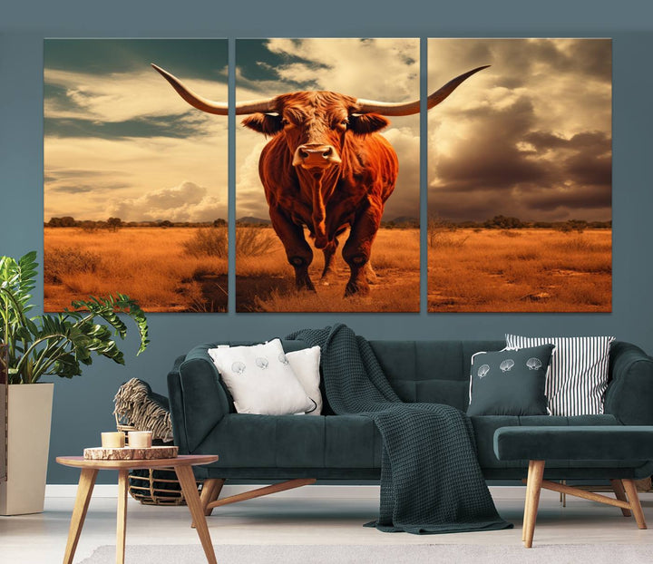 Cow Bighorn Wall Art Canvas Print, Longhorn Texas Large Cow Animal Canvas Print