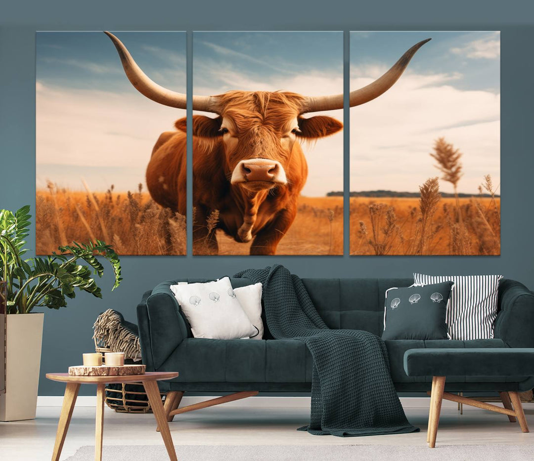 Cow Bighorn Wall Art Canvas Print, Longhorn Texas Large Cow Animal Canvas Print