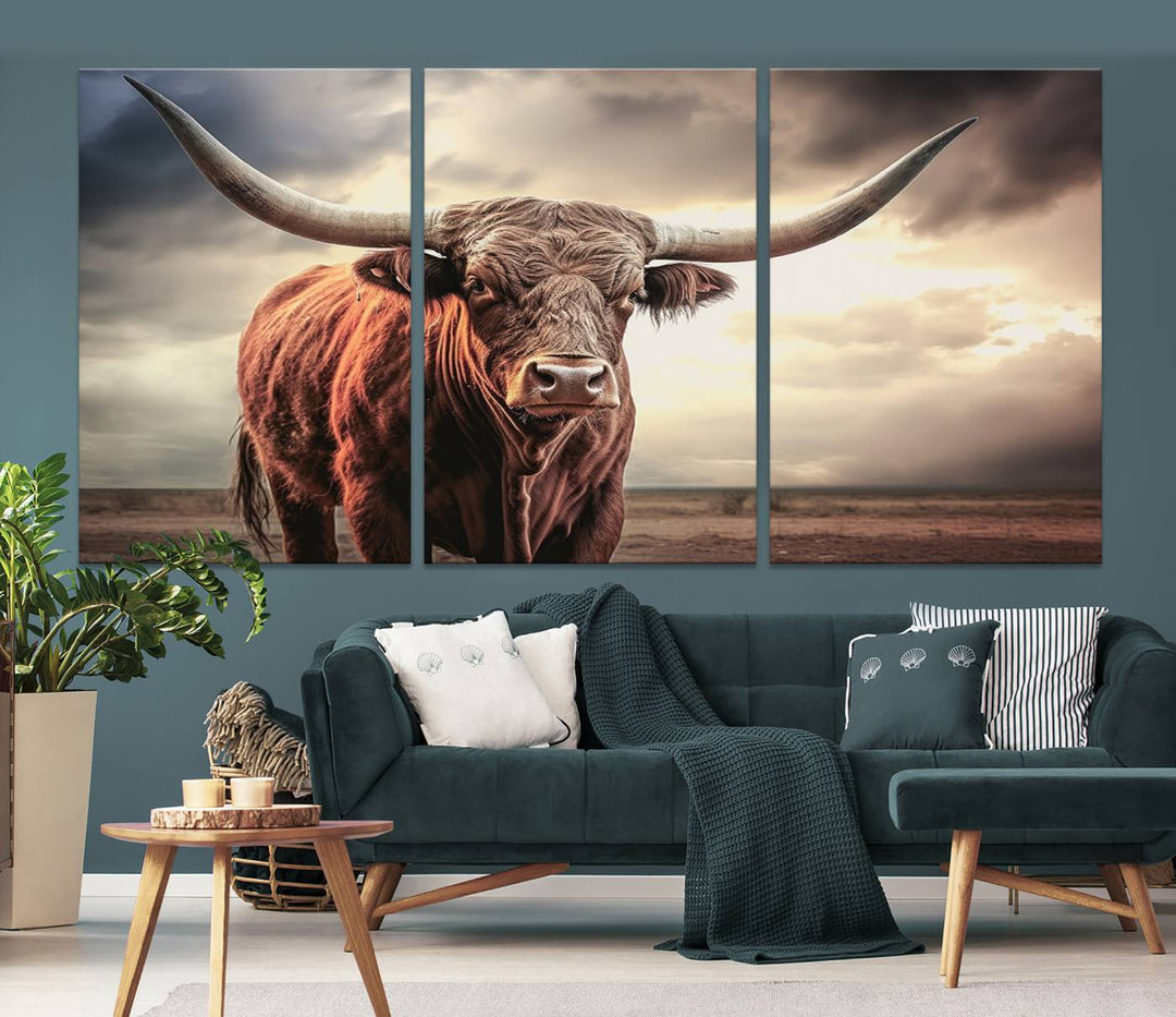 Cow Bighorn Wall Art Canvas Print, Longhorn Texas Large Cow Animal Canvas Print