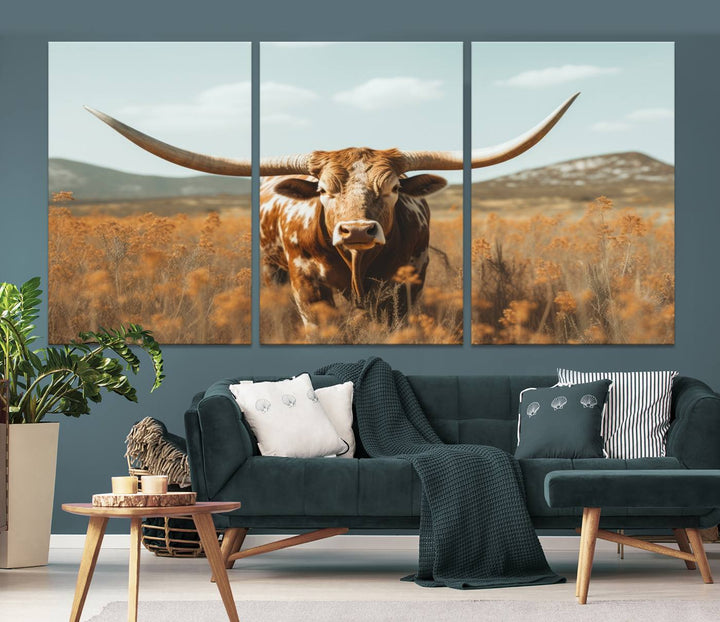 Cow Bighorn Wall Art Canvas Print, Longhorn Texas Large Cow Animal Canvas Print