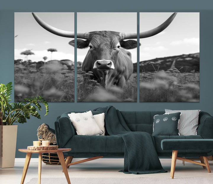 Cow Bighorn Wall Art Canvas Print, Longhorn Texas Large Cow Animal Canvas Print