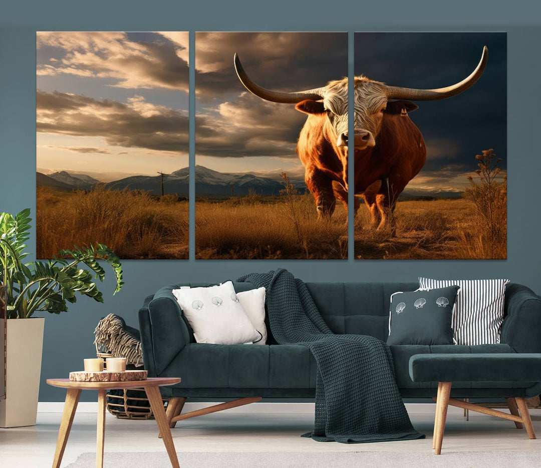 Cow Bighorn Wall Art Canvas Print, Longhorn Texas Large Cow Animal Canvas Print