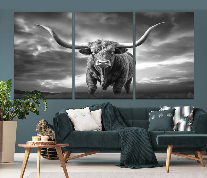 Cow Bighorn Wall Art Canvas Print, Longhorn Texas Large Cow Animal Canvas Print