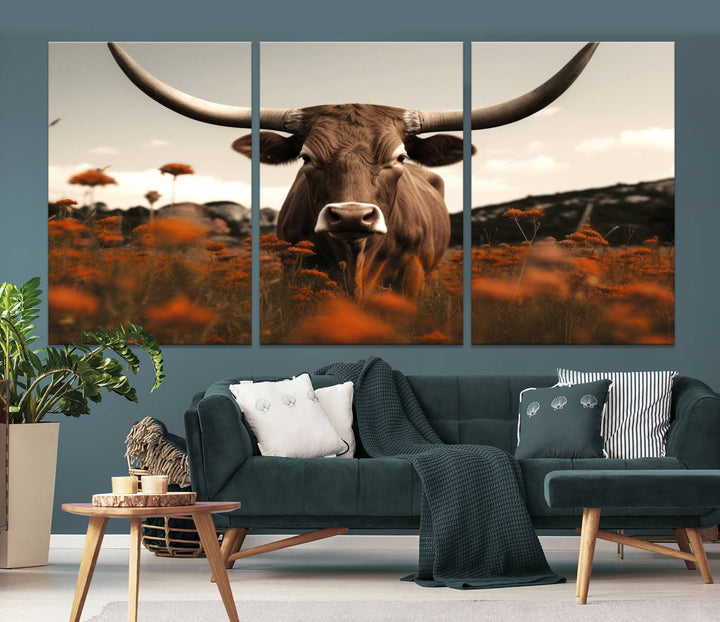 Cow Bighorn Wall Art Canvas Print, Longhorn Texas Large Cow Animal Canvas Print