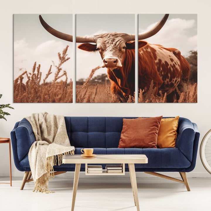 Cow Bighorn Wall Art Canvas Print, Longhorn Texas Large Cow Animal Canvas Print