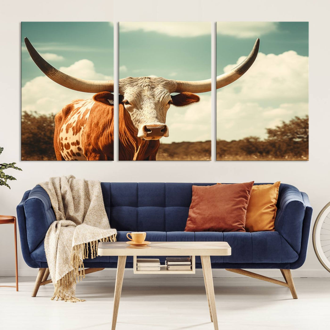 Cow Bighorn Wall Art Canvas Print, Longhorn Texas Large Cow Animal Canvas Print