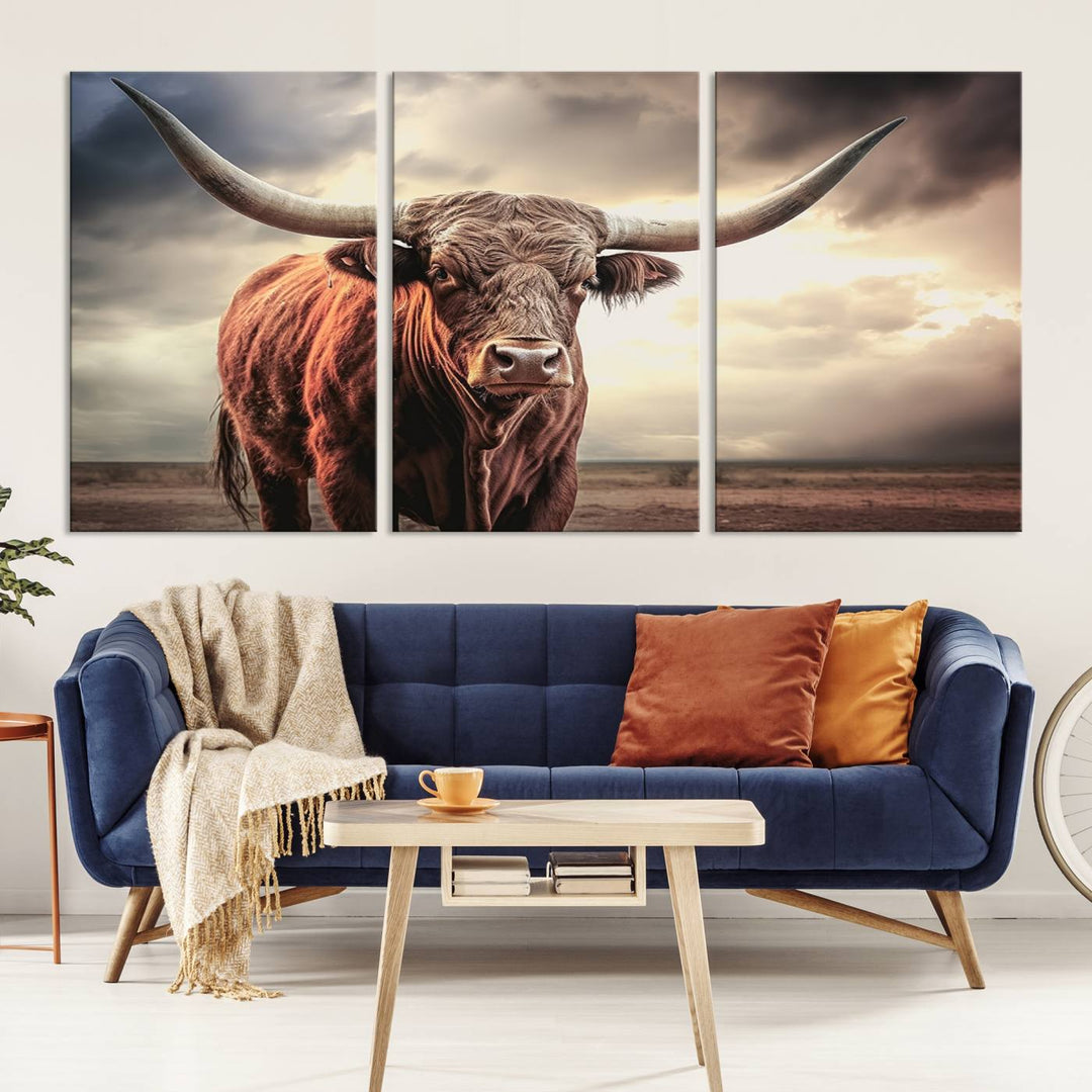 Cow Bighorn Wall Art Canvas Print, Longhorn Texas Large Cow Animal Canvas Print