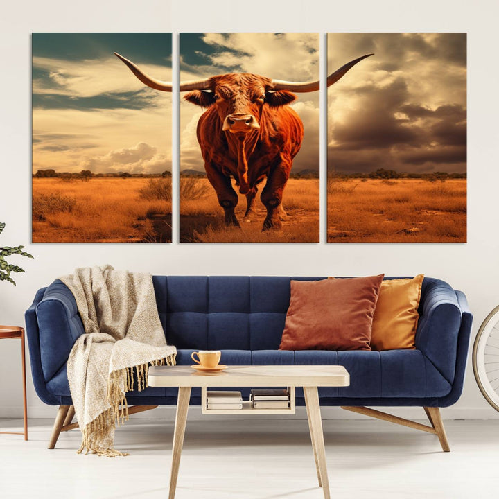 Cow Bighorn Wall Art Canvas Print, Longhorn Texas Large Cow Animal Canvas Print