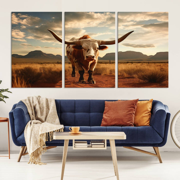 Cow Bighorn Wall Art Canvas Print, Longhorn Texas Large Cow Animal Canvas Print