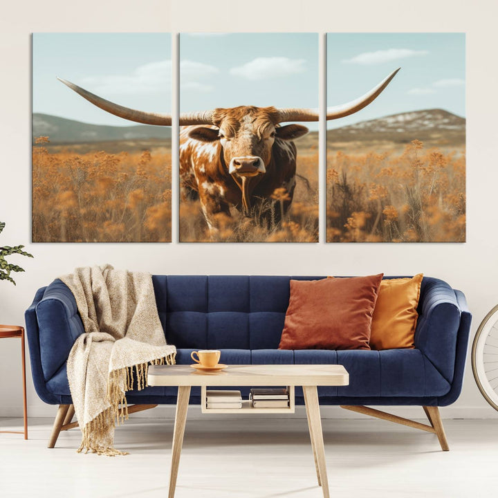 Cow Bighorn Wall Art Canvas Print, Longhorn Texas Large Cow Animal Canvas Print