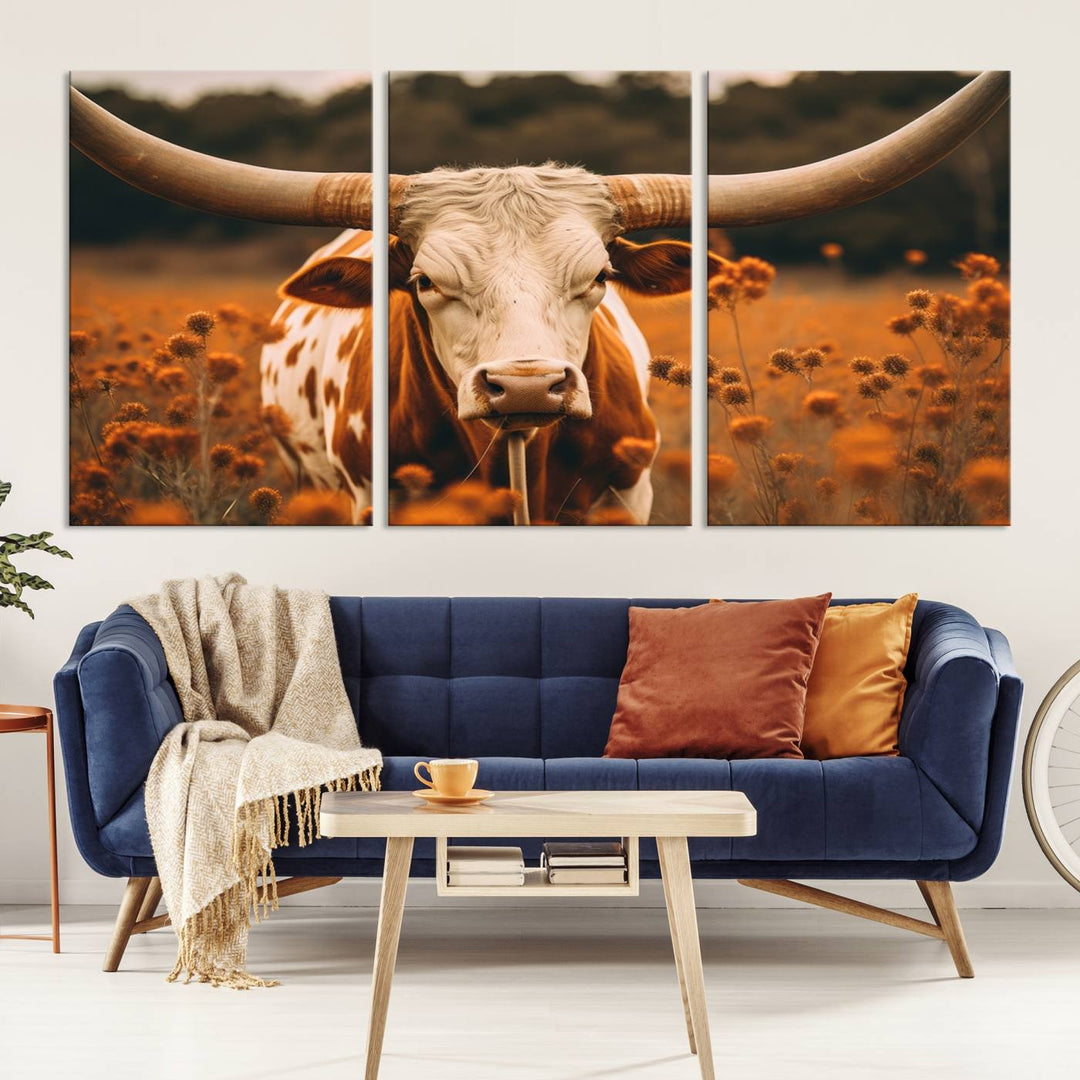 Cow Bighorn Wall Art Canvas Print, Longhorn Texas Large Cow Animal Canvas Print