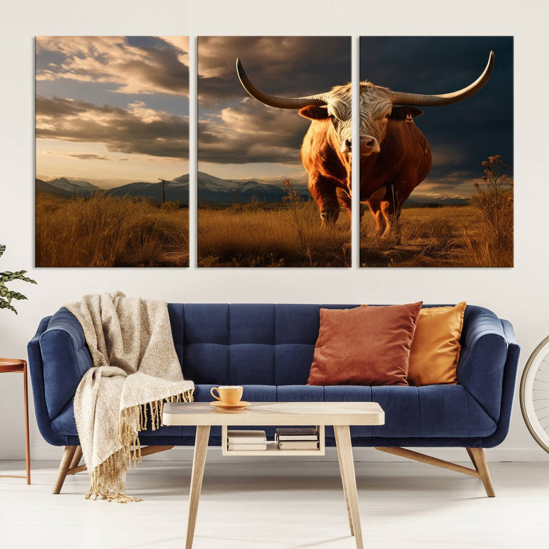 Cow Bighorn Wall Art Canvas Print, Longhorn Texas Large Cow Animal Canvas Print