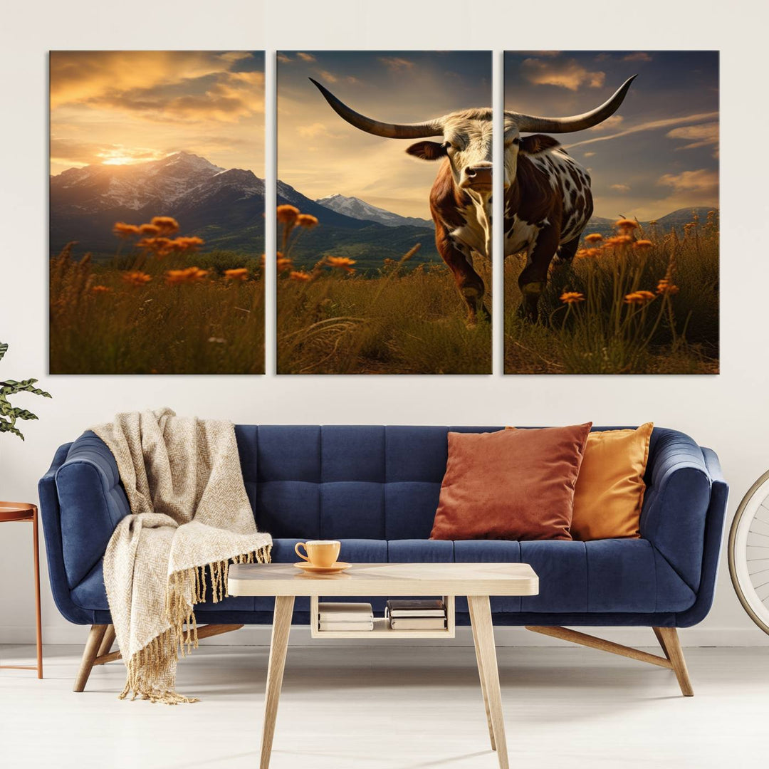 Cow Bighorn Wall Art Canvas Print, Longhorn Texas Large Cow Animal Canvas Print