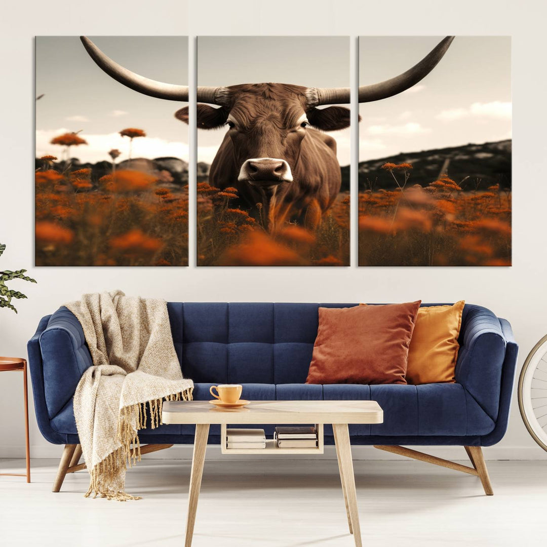 Cow Bighorn Wall Art Canvas Print, Longhorn Texas Large Cow Animal Canvas Print