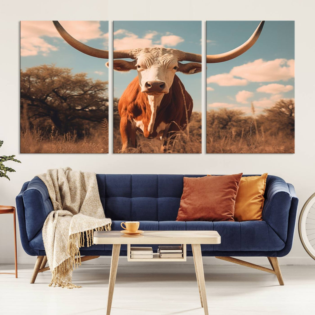 Cow Bighorn Wall Art Canvas Print, Longhorn Texas Large Cow Animal Canvas Print