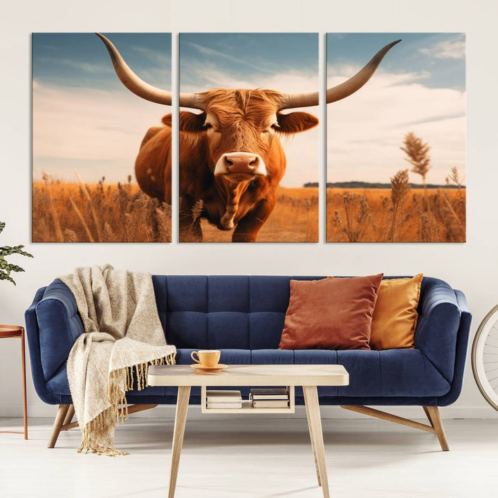 Cow Bighorn Wall Art Canvas Print, Longhorn Texas Large Cow Animal Canvas Print