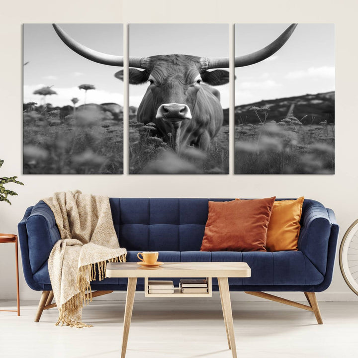 Cow Bighorn Wall Art Canvas Print, Longhorn Texas Large Cow Animal Canvas Print