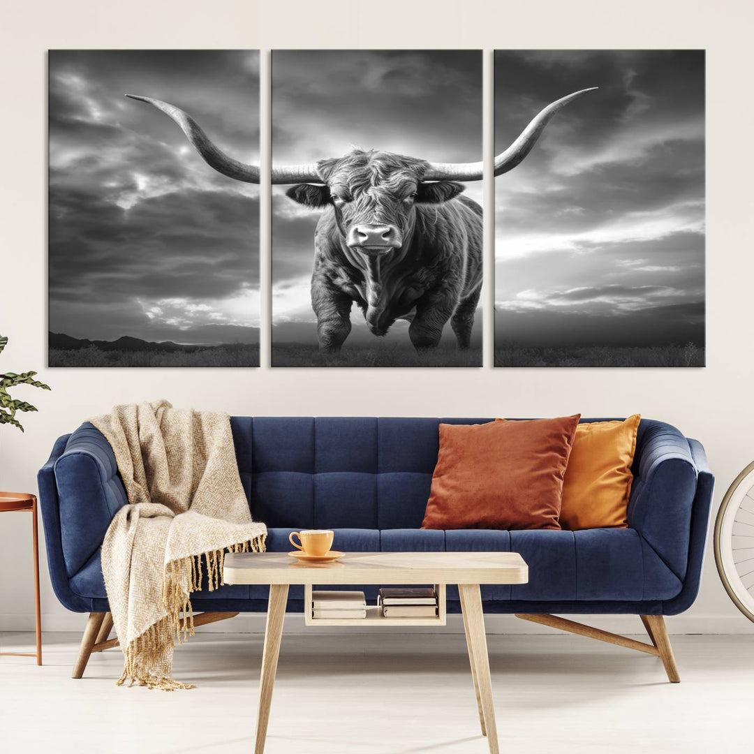 Cow Bighorn Wall Art Canvas Print, Longhorn Texas Large Cow Animal Canvas Print