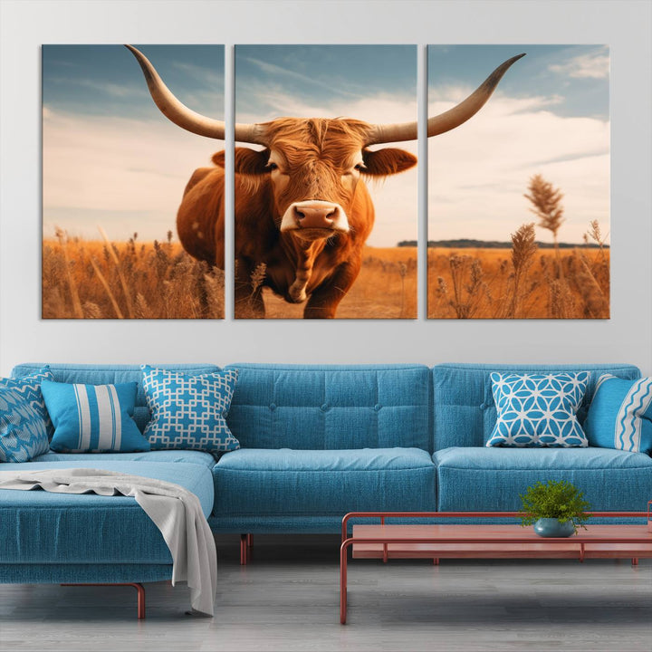 Cow Bighorn Wall Art Canvas Print, Longhorn Texas Large Cow Animal Canvas Print