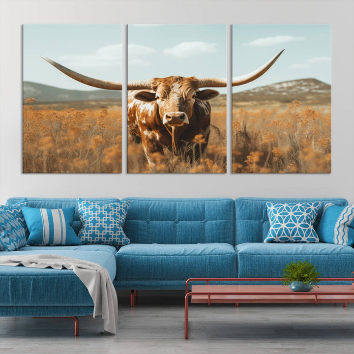 Cow Bighorn Wall Art Canvas Print, Longhorn Texas Large Cow Animal Canvas Print