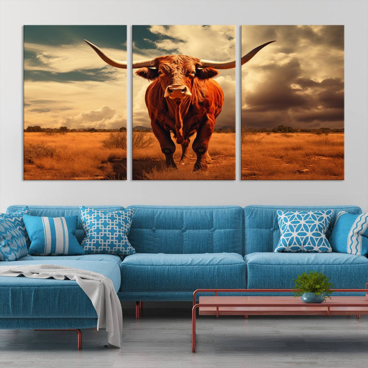 Cow Bighorn Wall Art Canvas Print, Longhorn Texas Large Cow Animal Canvas Print