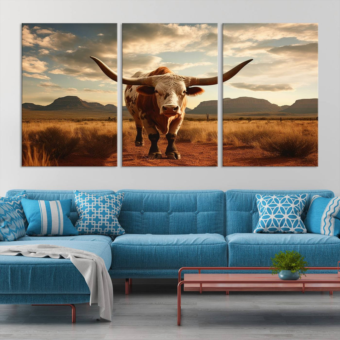 Cow Bighorn Wall Art Canvas Print, Longhorn Texas Large Cow Animal Canvas Print