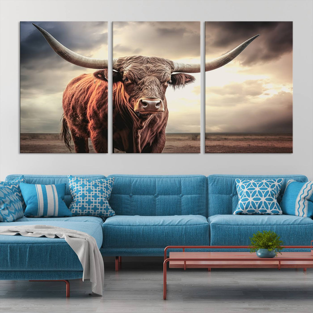 Cow Bighorn Wall Art Canvas Print, Longhorn Texas Large Cow Animal Canvas Print