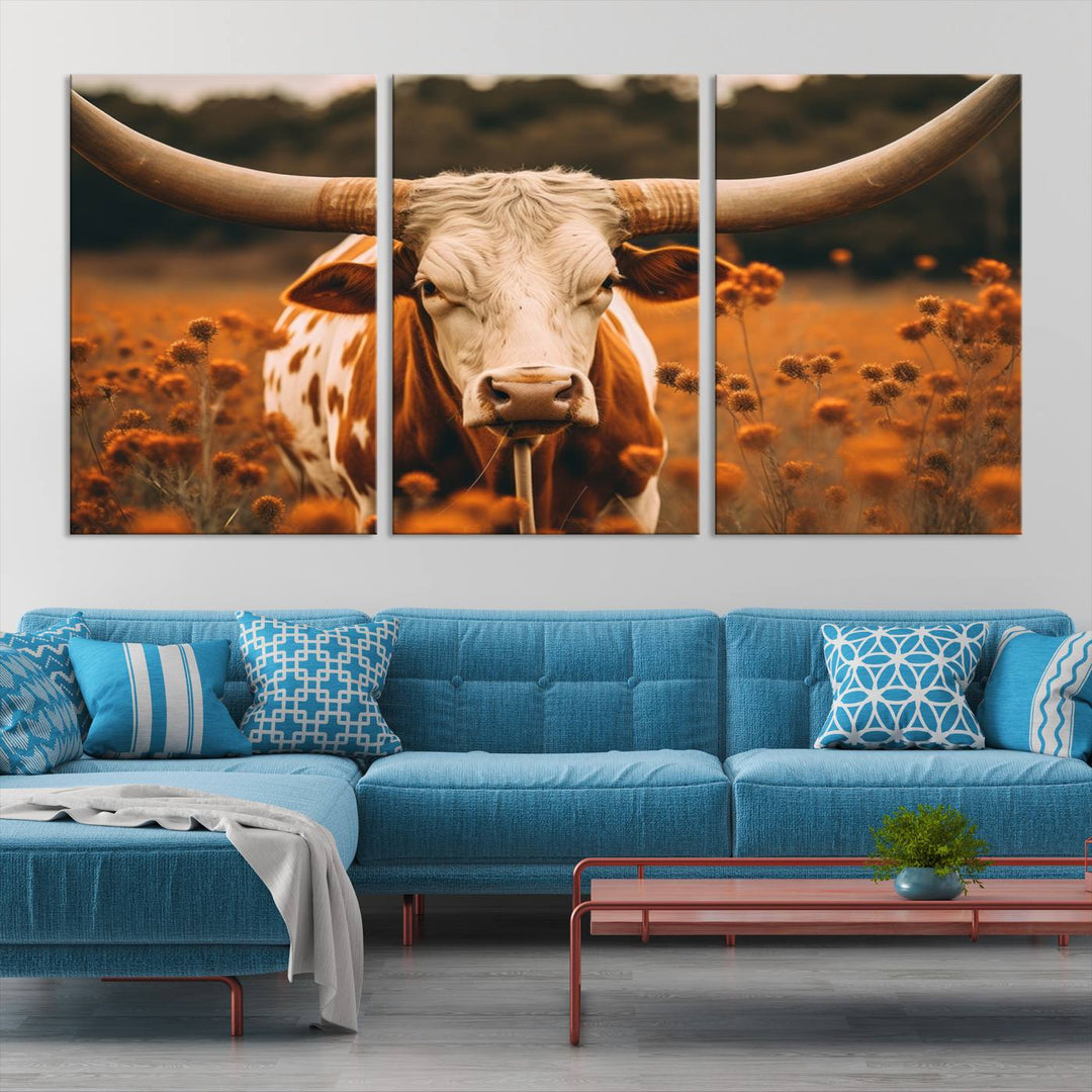 Cow Bighorn Wall Art Canvas Print, Longhorn Texas Large Cow Animal Canvas Print