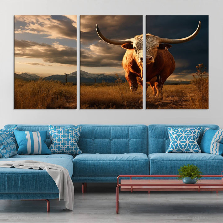 Cow Bighorn Wall Art Canvas Print, Longhorn Texas Large Cow Animal Canvas Print