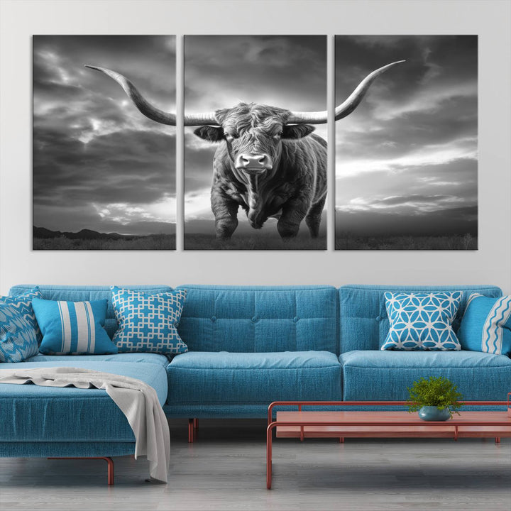 Cow Bighorn Wall Art Canvas Print, Longhorn Texas Large Cow Animal Canvas Print