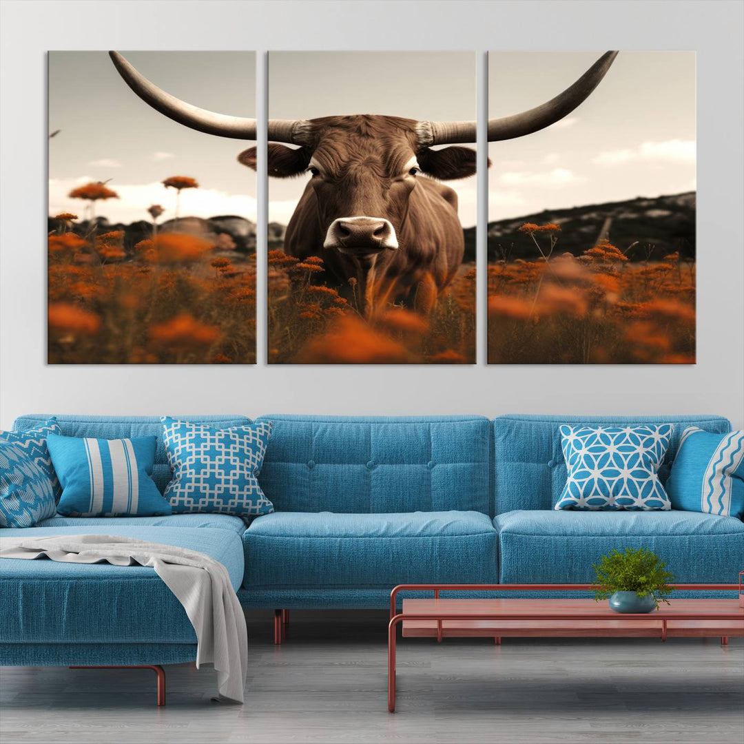 Cow Bighorn Wall Art Canvas Print, Longhorn Texas Large Cow Animal Canvas Print