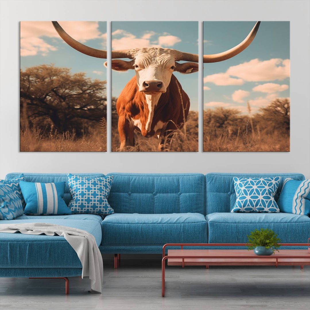 Cow Bighorn Wall Art Canvas Print, Longhorn Texas Large Cow Animal Canvas Print