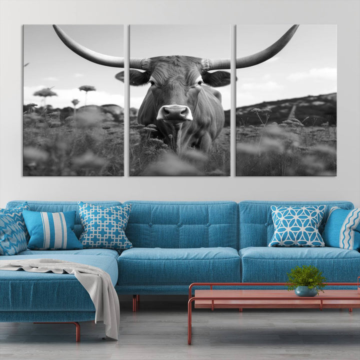 Cow Bighorn Wall Art Canvas Print, Longhorn Texas Large Cow Animal Canvas Print