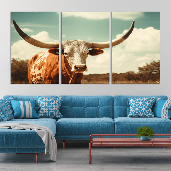 Cow Bighorn Wall Art Canvas Print, Longhorn Texas Large Cow Animal Canvas Print