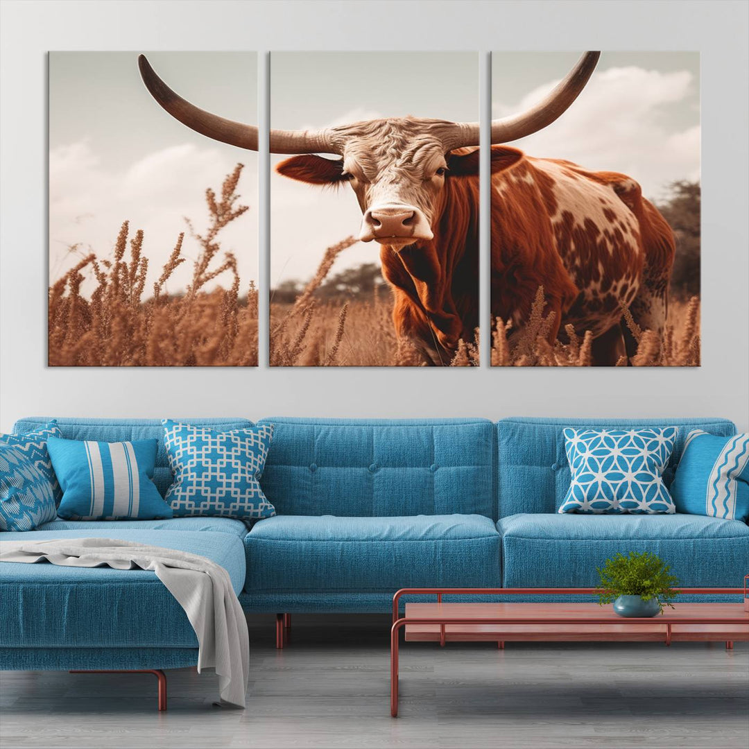 Cow Bighorn Wall Art Canvas Print, Longhorn Texas Large Cow Animal Canvas Print