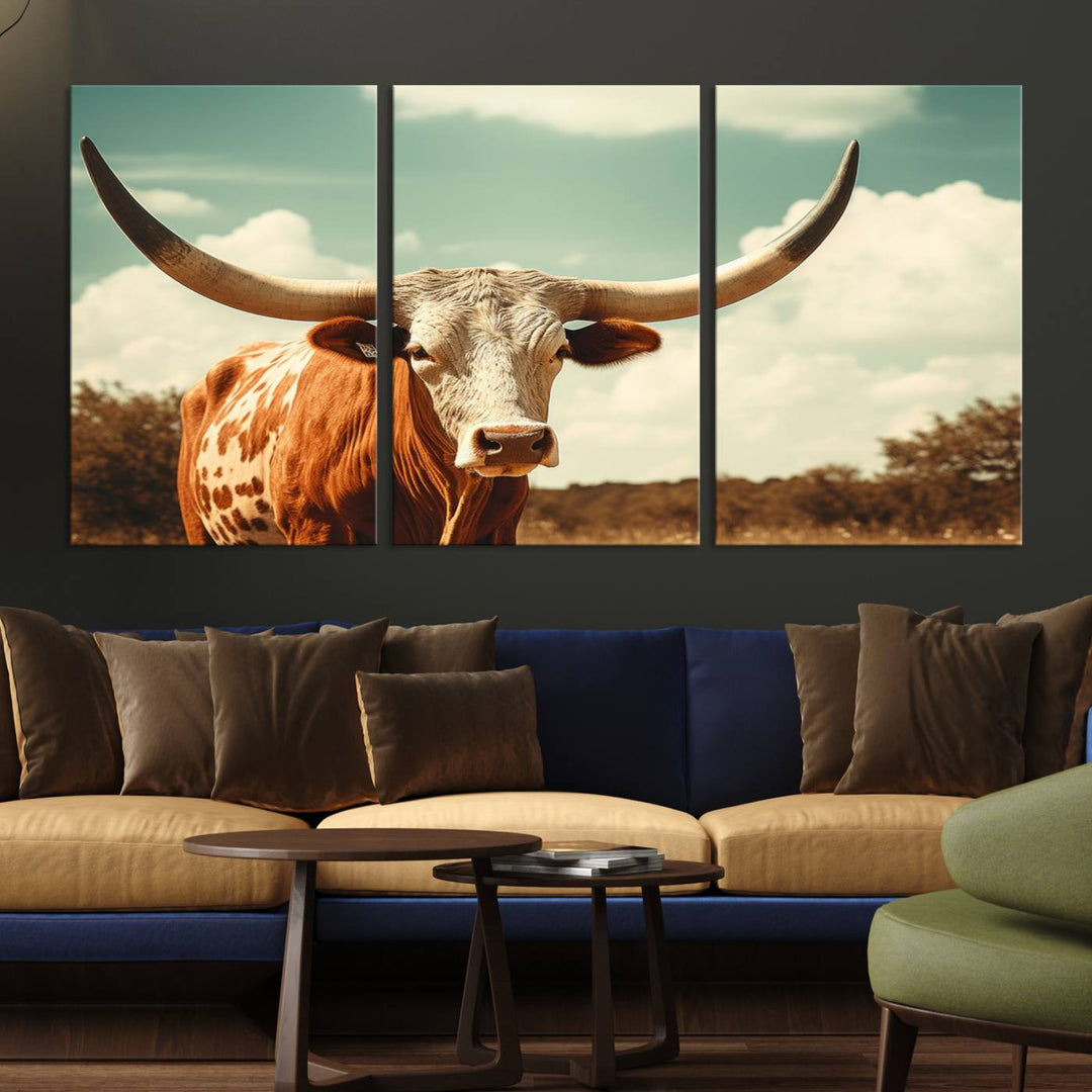 Cow Bighorn Wall Art Canvas Print, Longhorn Texas Large Cow Animal Canvas Print