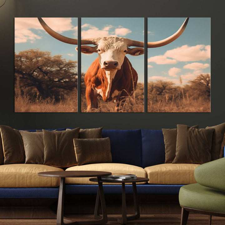 Cow Bighorn Wall Art Canvas Print, Longhorn Texas Large Cow Animal Canvas Print