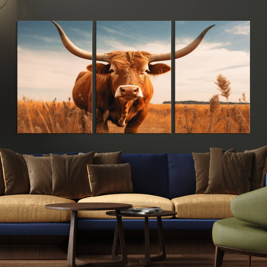 Cow Bighorn Wall Art Canvas Print, Longhorn Texas Large Cow Animal Canvas Print