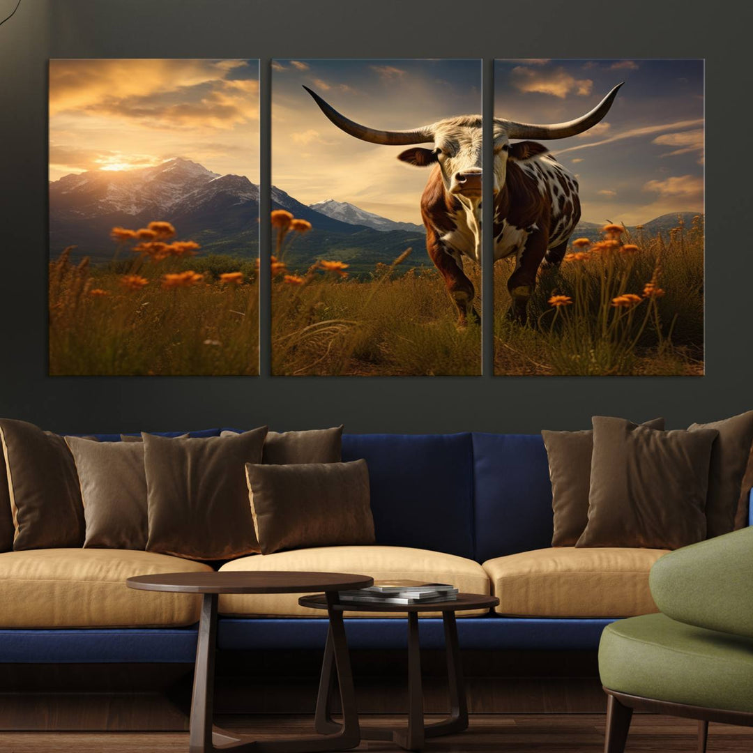 Cow Bighorn Wall Art Canvas Print, Longhorn Texas Large Cow Animal Canvas Print