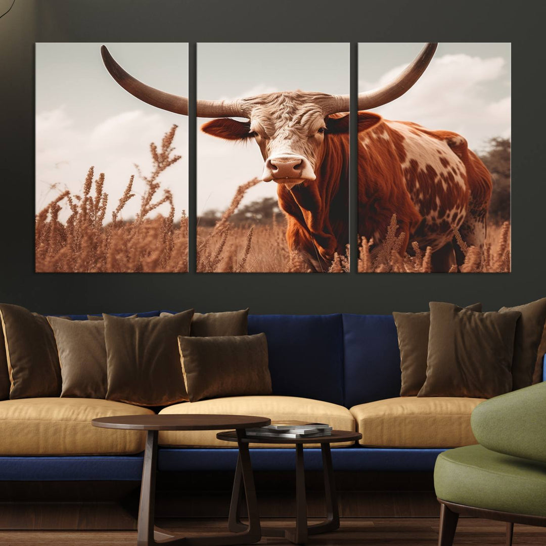 Cow Bighorn Wall Art Canvas Print, Longhorn Texas Large Cow Animal Canvas Print