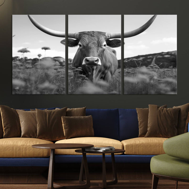 Cow Bighorn Wall Art Canvas Print, Longhorn Texas Large Cow Animal Canvas Print