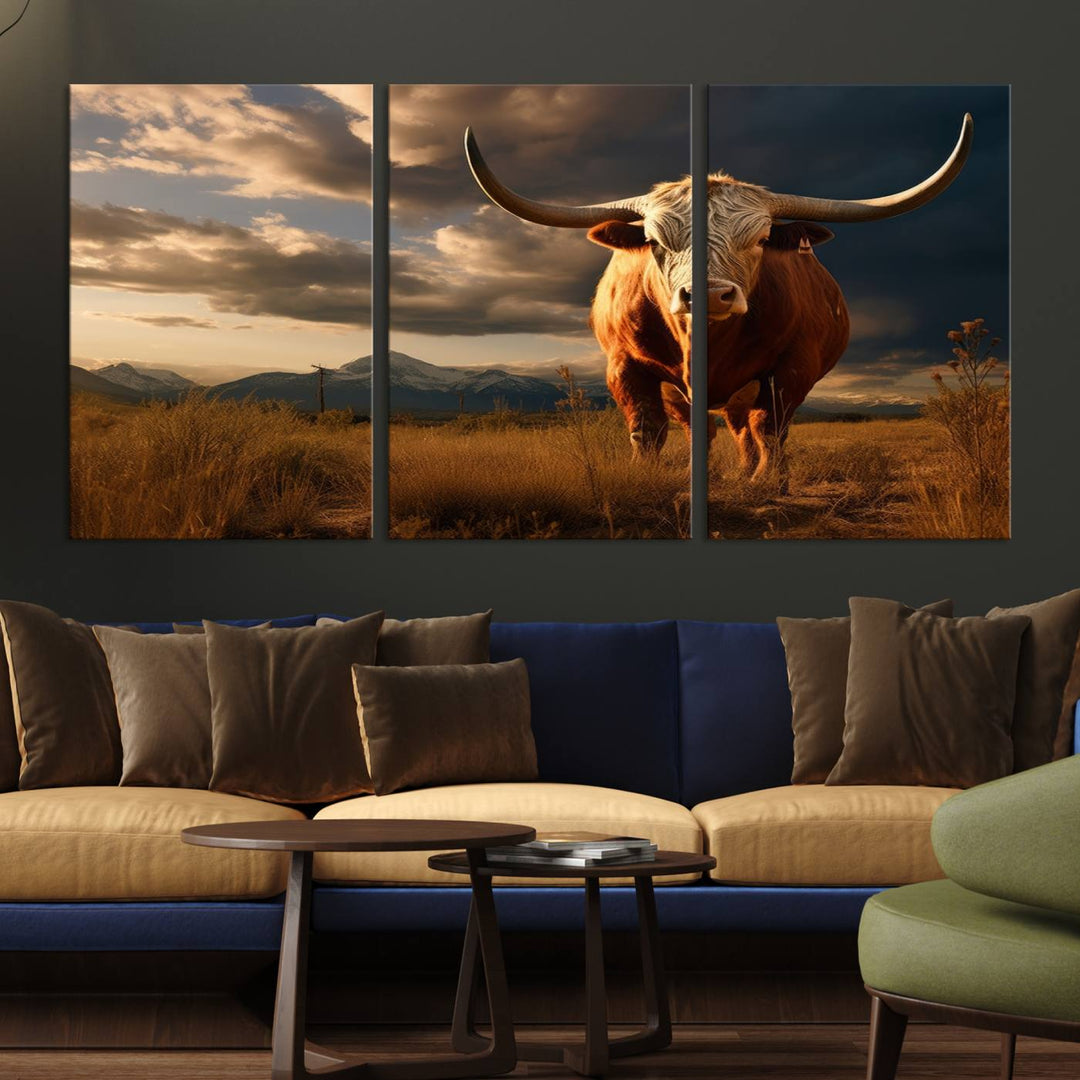 Cow Bighorn Wall Art Canvas Print, Longhorn Texas Large Cow Animal Canvas Print