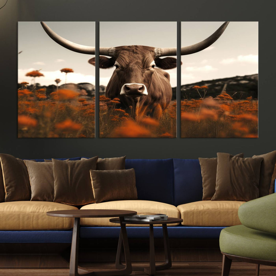 Cow Bighorn Wall Art Canvas Print, Longhorn Texas Large Cow Animal Canvas Print