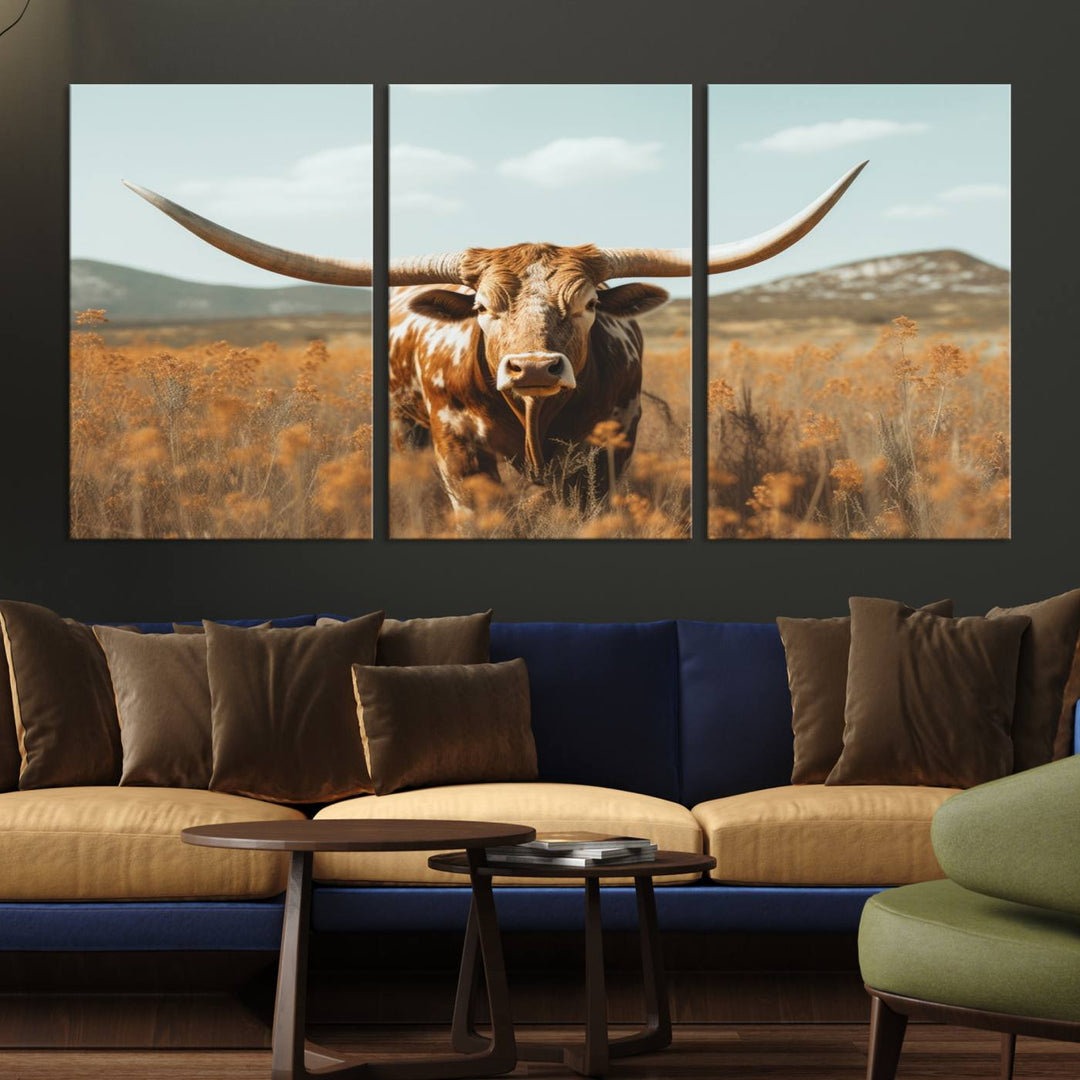 Cow Bighorn Wall Art Canvas Print, Longhorn Texas Large Cow Animal Canvas Print