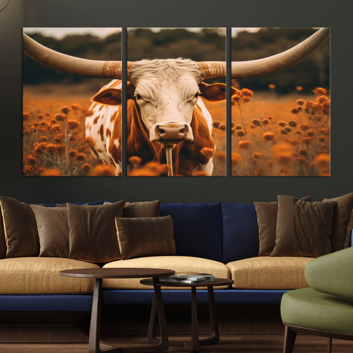 Cow Bighorn Wall Art Canvas Print, Longhorn Texas Large Cow Animal Canvas Print