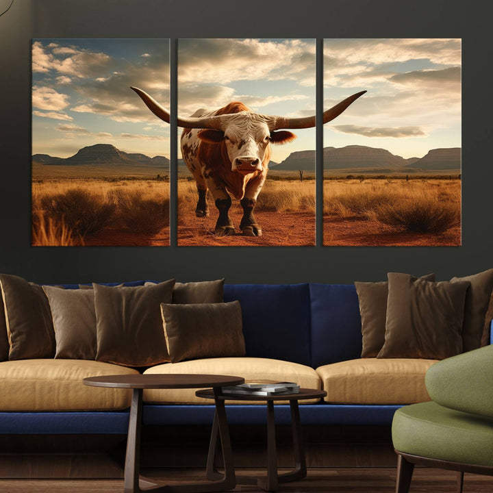 Cow Bighorn Wall Art Canvas Print, Longhorn Texas Large Cow Animal Canvas Print