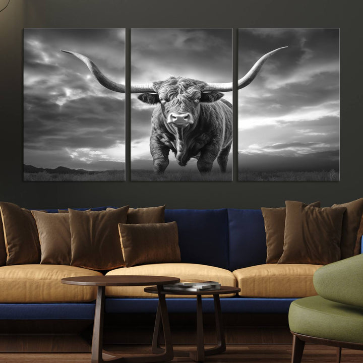 Cow Bighorn Wall Art Canvas Print, Longhorn Texas Large Cow Animal Canvas Print