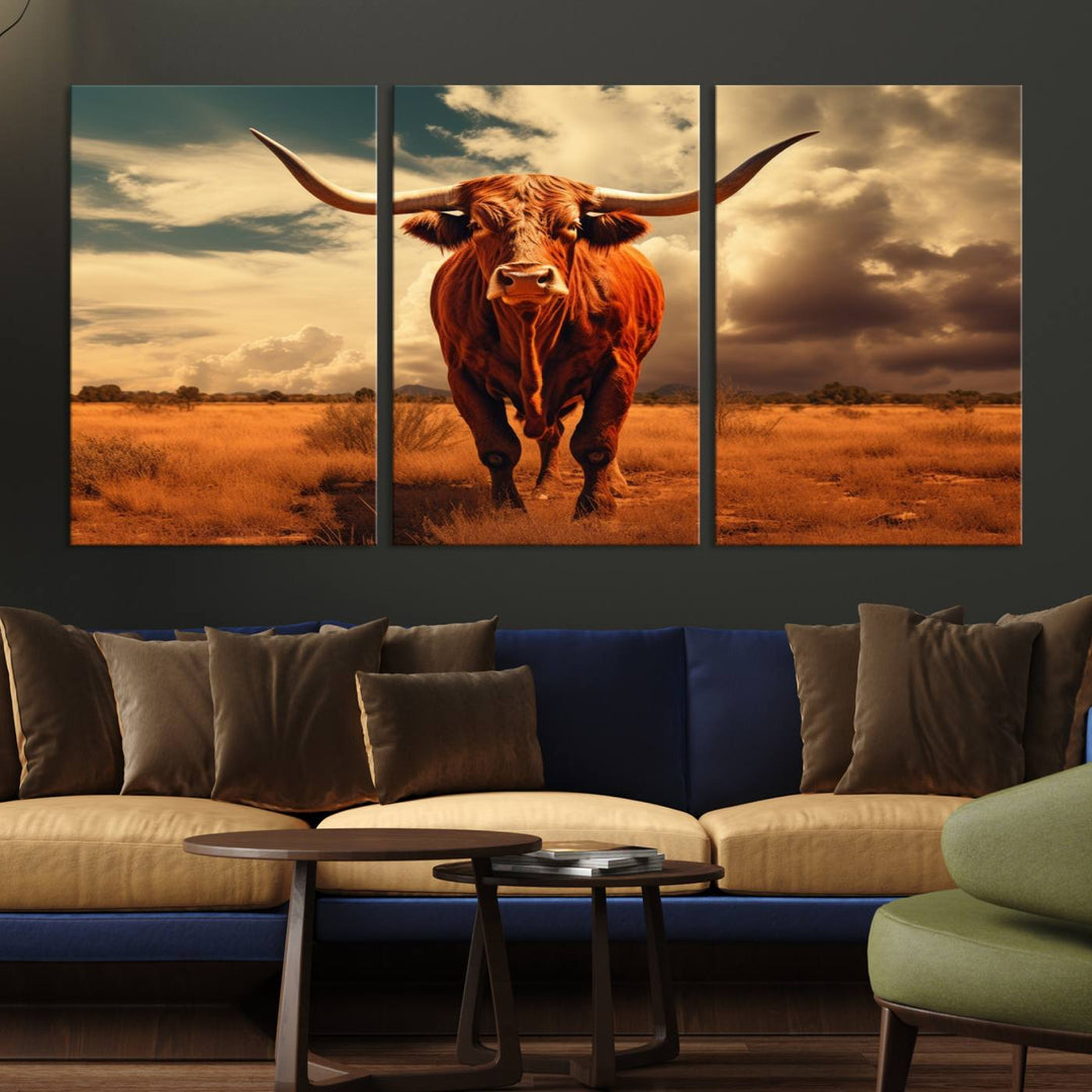 Cow Bighorn Wall Art Canvas Print, Longhorn Texas Large Cow Animal Canvas Print